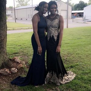 Blue halter top mermaid long prom dress w/ slit